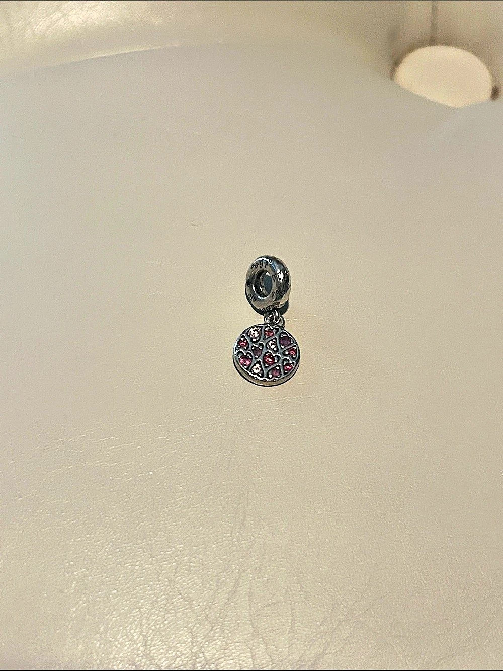 Pandora Radiating Pink Heart Medallion Charm Silver & Pink Drop charm Like New